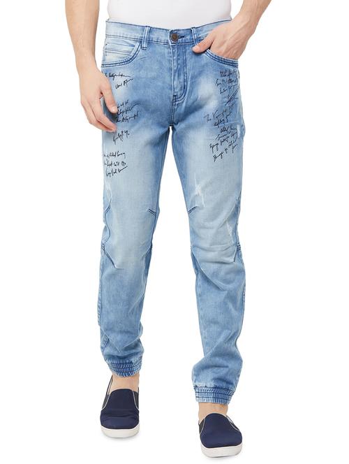 light blue washed printed denim jogger - 16929311 - Very Small Image - 1