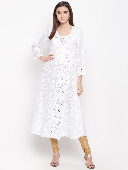 ada hand embroidered white angrakha chikankari kurta with muqaish work - 16935333 - Very Small Image - 1