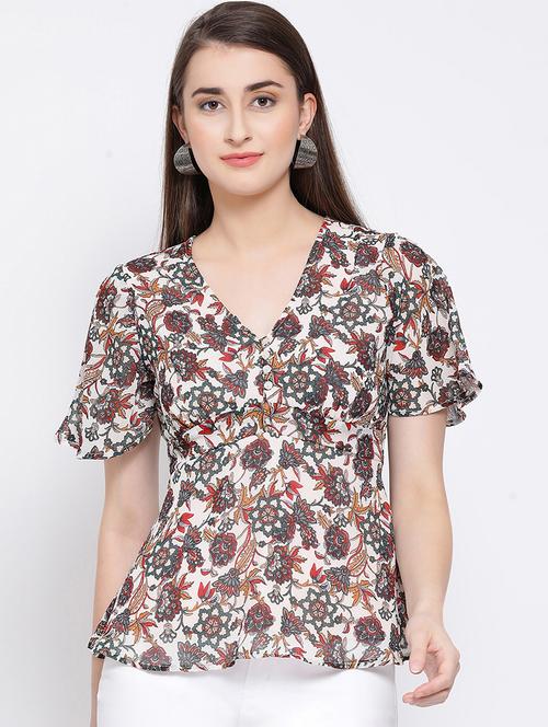 flutter sleeved v-neck top - 16936516 - Very Small Image - 1