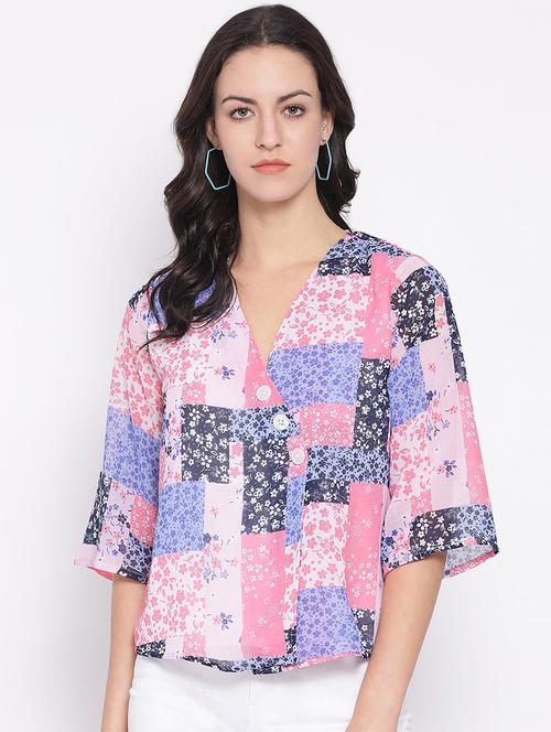 overlap neck floral top - 16936525 - Very Small Image - 1
