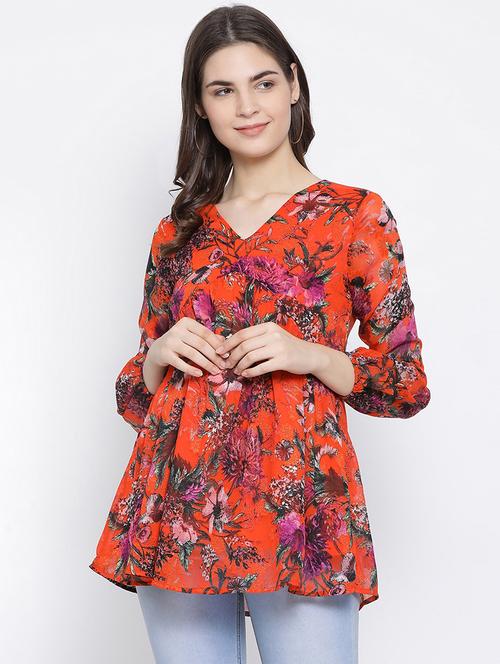 v-neck floral flared top - 16936549 - Very Small Image - 1