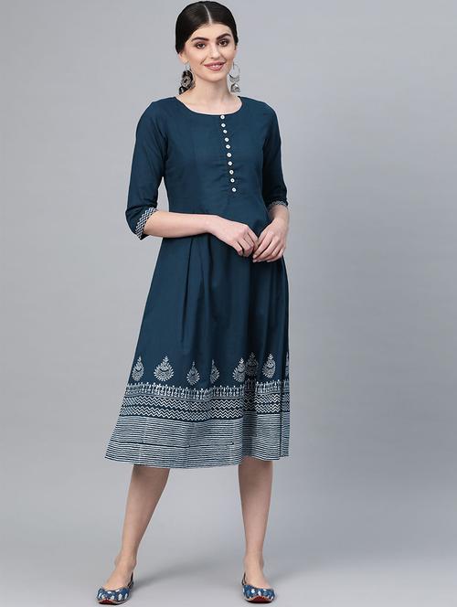 button detail printed a-line dress - 16936722 - Very Small Image - 1