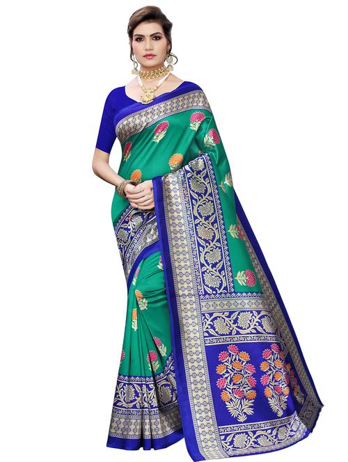 turquoise silk blend printed saree with blouse - 16939237 - Very Small Image - 1