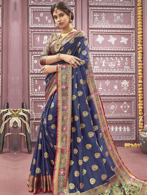 ethnic motif woven saree with blouse - 16940190 - Very Small Image - 1