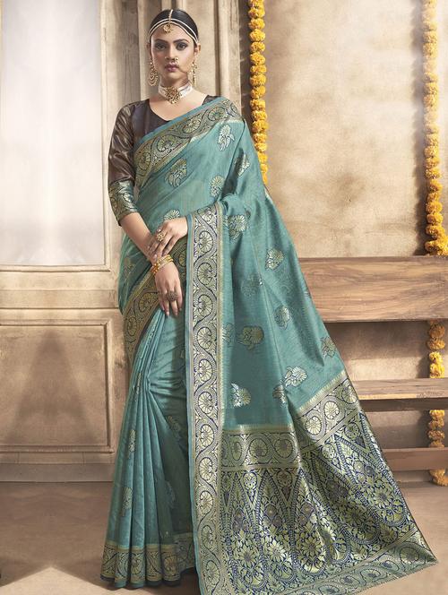 floral woven saree with blouse - 16940601 - Very Small Image - 1