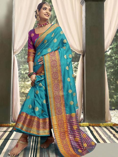 ethnic motif woven saree with blouse - 16940726 - Very Small Image - 1