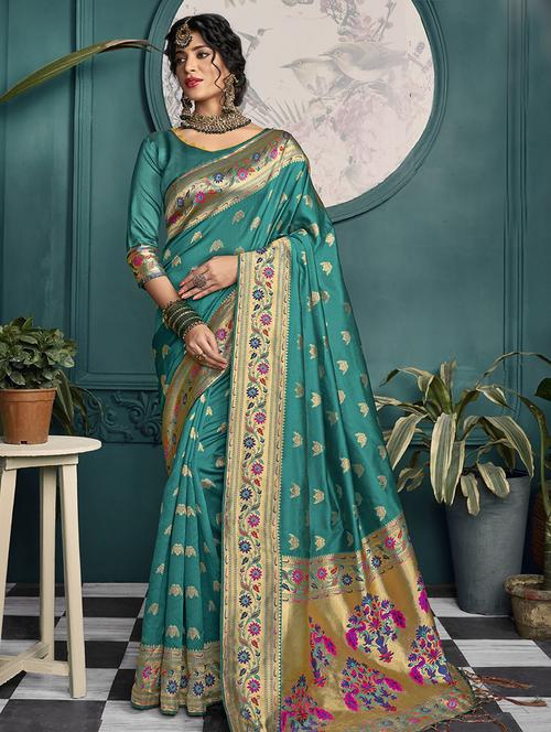 turquoise tussar silk saree with blouse - 16941910 - Very Small Image - 1