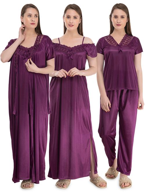 lace detail solid nightwear set - 16942006 - Very Small Image - 1