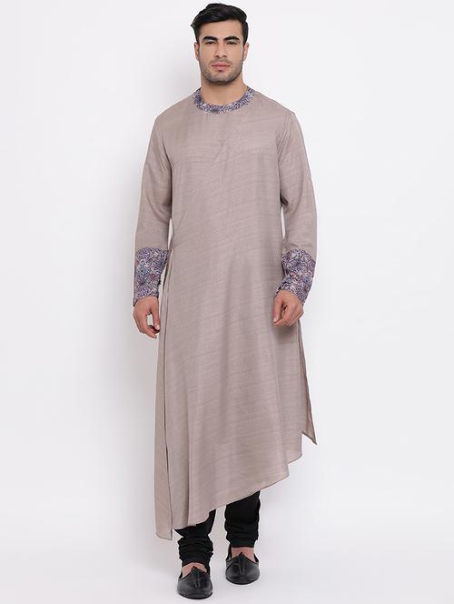 grey silk blend asymmetric kurta churidar set - 16943221 - Very Small Image - 1