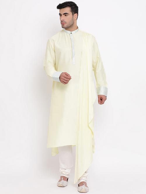 yellow solid silk blend asymmetric kurta churidar set - 16943225 - Very Small Image - 1