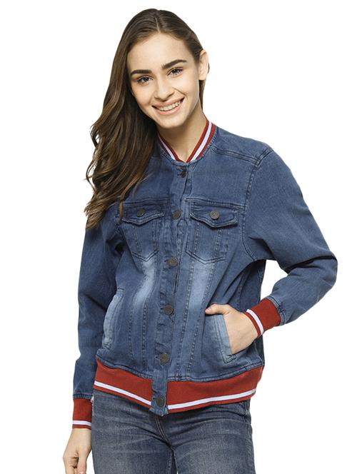 varsity ribbed cropped denim jacket - 16943316 - Very Small Image - 1