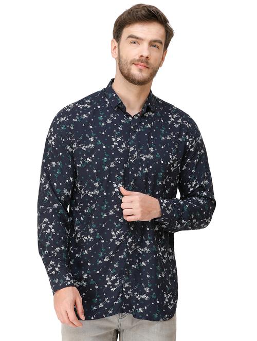 dark blue floral printed casual shirt - 16943419 - Very Small Image - 1