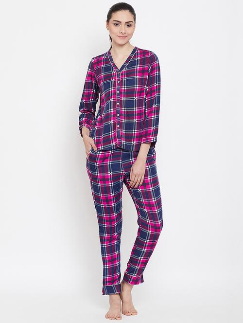 v-neck checkered shirt with pajama set - 16943890 - Very Small Image - 1