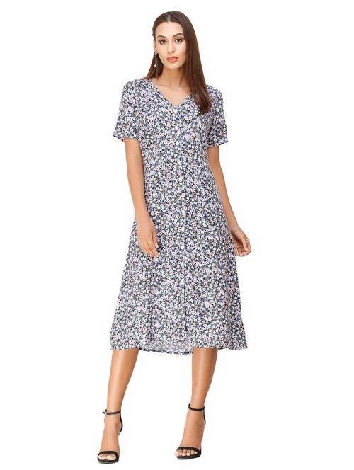 v-neck floral a-line dress - 16947666 - Very Small Image - 1
