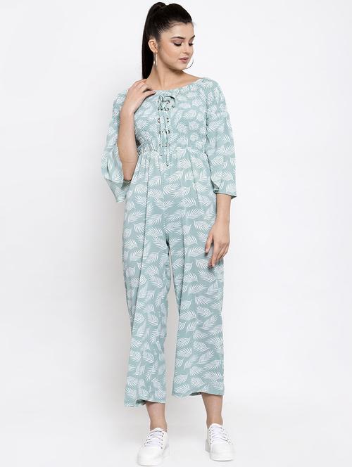 lace up detail smocked full leg jumpsuit - 16952544 - Very Small Image - 1