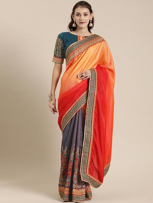 half & half embroidered saree with blouse - 16953656 - Very Small Image - 1
