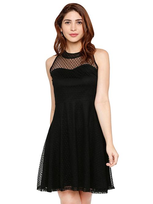 dobby mesh panel flared dress - 16954112 - Very Small Image - 1