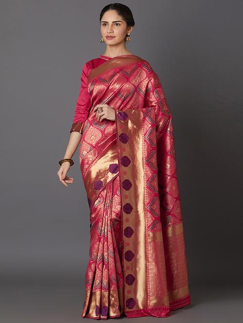 self design banarasi saree with blouse - 16954546 - Very Small Image - 1