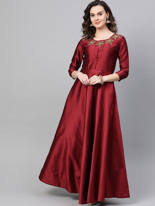 red silk blend fit & flare ethnic dress - 16955858 - Very Small Image - 1