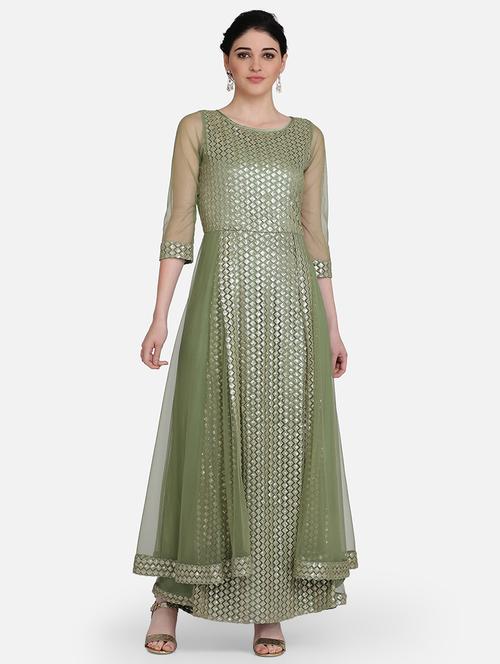 olive net flared gown - 16958109 - Very Small Image - 1