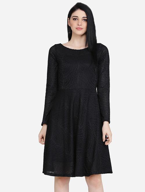 boat neck mesh flared dress - 16958258 - Very Small Image - 1