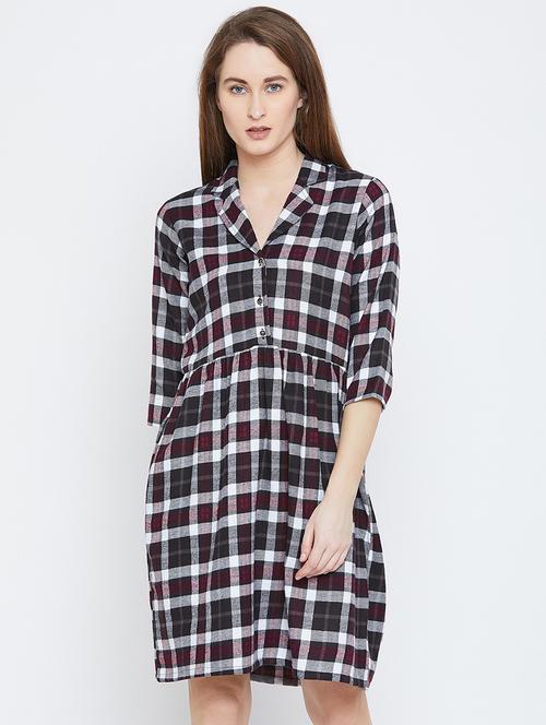 button detail checkered a-line dress - 16962675 - Very Small Image - 1