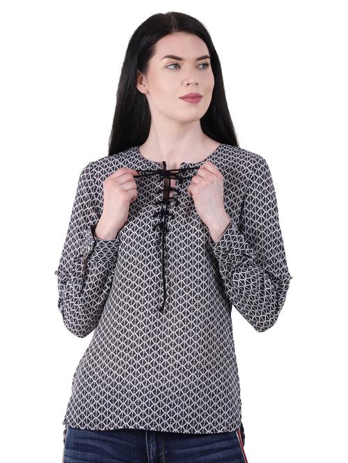 lace up neck printed top - 16964200 - Very Small Image - 1