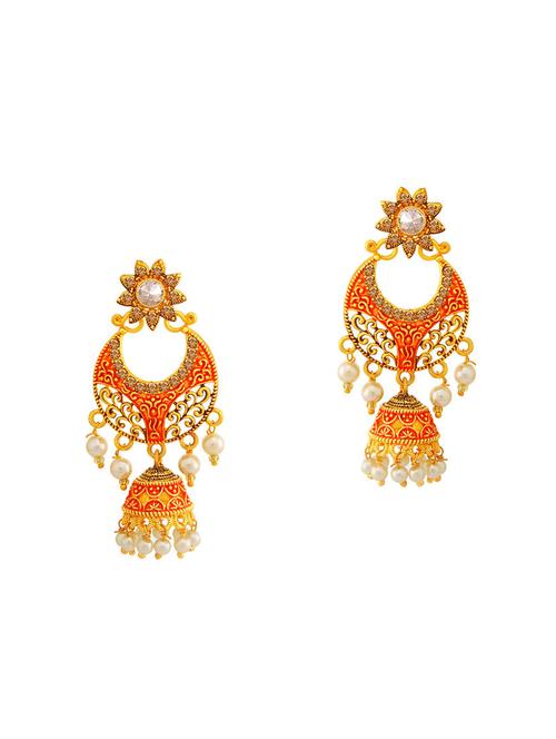 orange brass jhumka earring - 16964770 - Very Small Image - 1