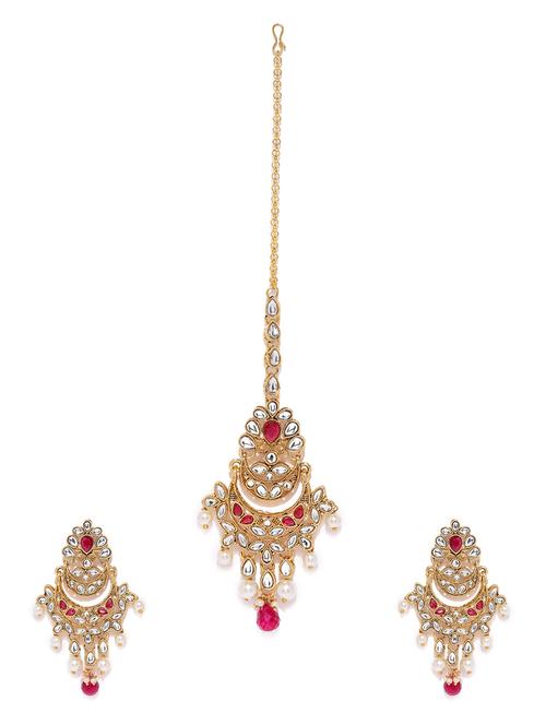 pink brass chandellier earring and maangtikka - 16965173 - Very Small Image - 1