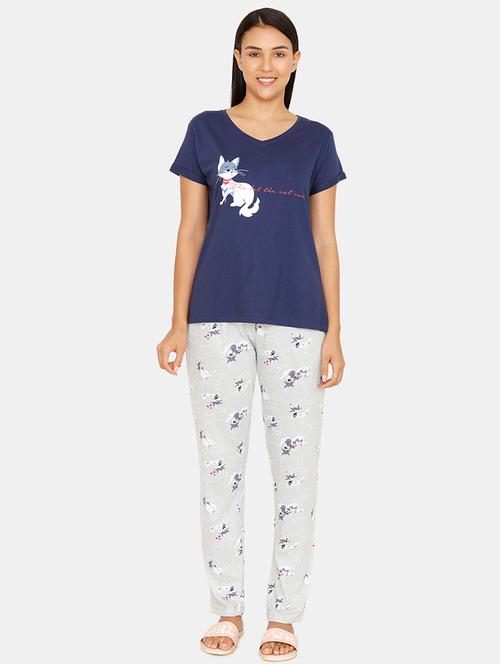 v neck quirky tee with pajama set - 16965242 - Very Small Image - 1