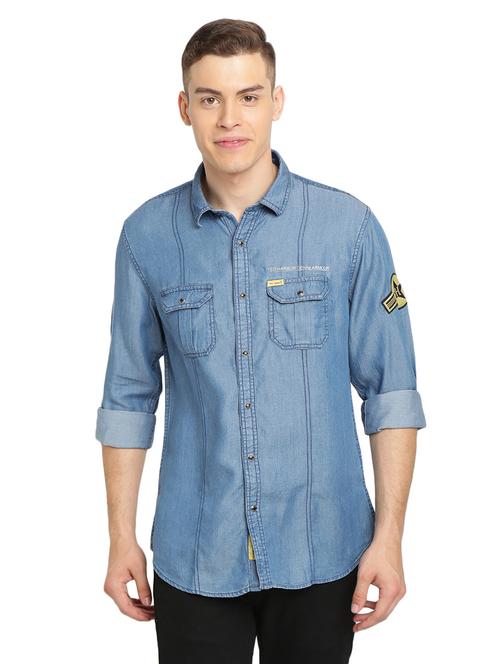 light blue solid denim casual shirt - 16968138 - Very Small Image - 1