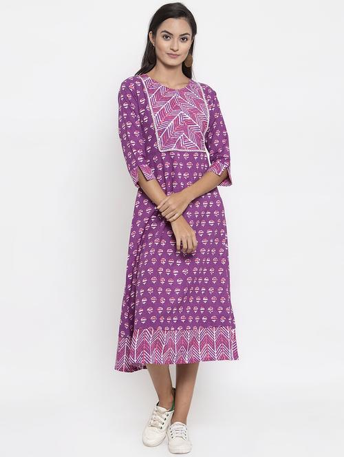 round neck block print a-line dress - 16969479 - Very Small Image - 1