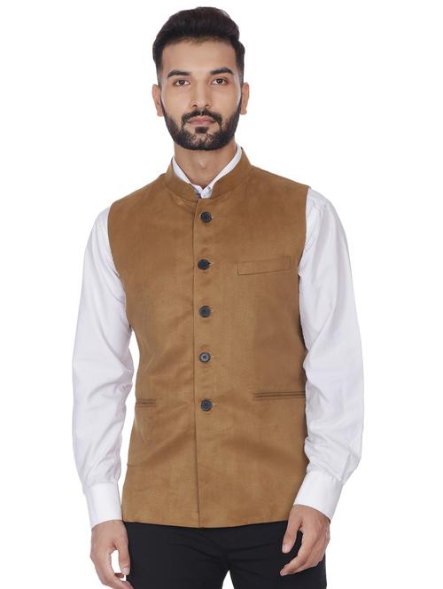 brown solid velvet nehru jacket - 16973788 - Very Small Image - 1