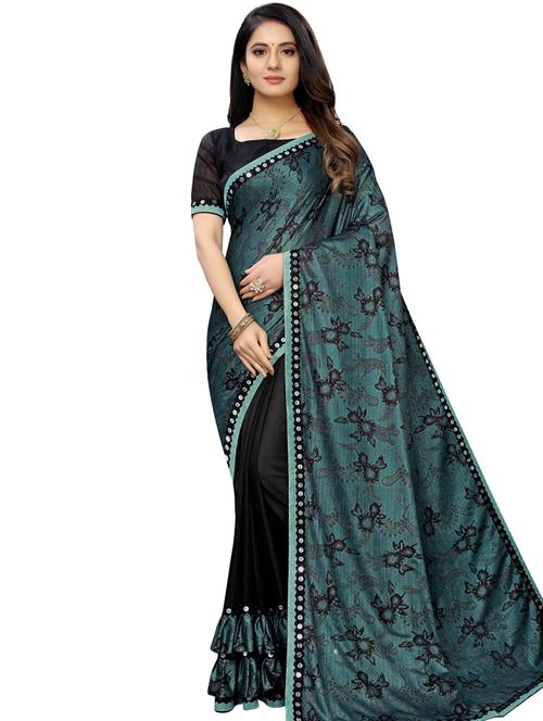 turquoise silk blend printed saree with blouse - 16976286 - Very Small Image - 1