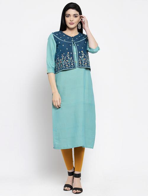 turquoise kurta with jacket - 16977210 - Very Small Image - 1