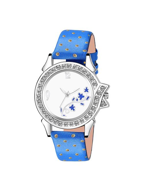 eye catching silver flower wel dial & dotted blue leather strap watch for girl's & women's - 16977876 - Very Small Image - 1
