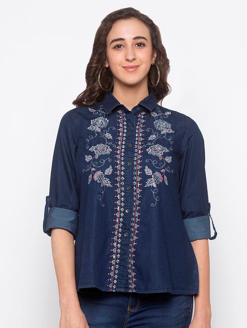 embroidered detail roll up sleeved shirt - 16978935 - Very Small Image - 1