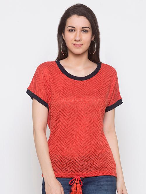 contrast ribbed drawstring waist top - 16978981 - Very Small Image - 1