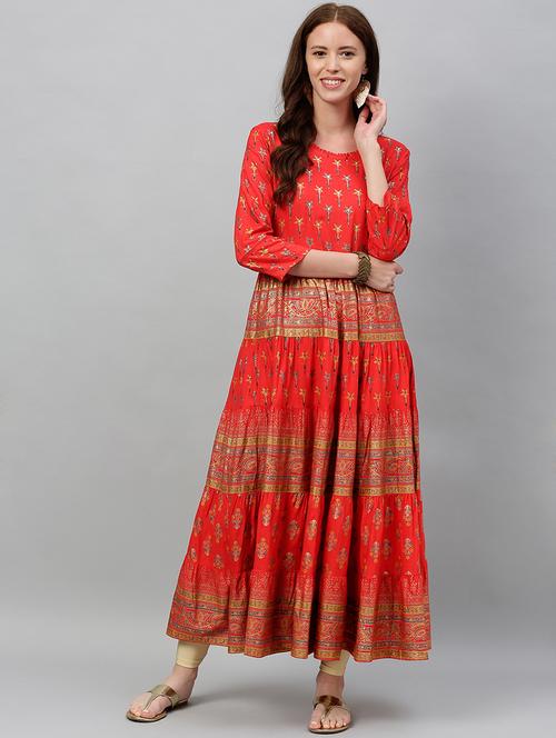 foil printed flared ethnic dress - 16987218 - Very Small Image - 1