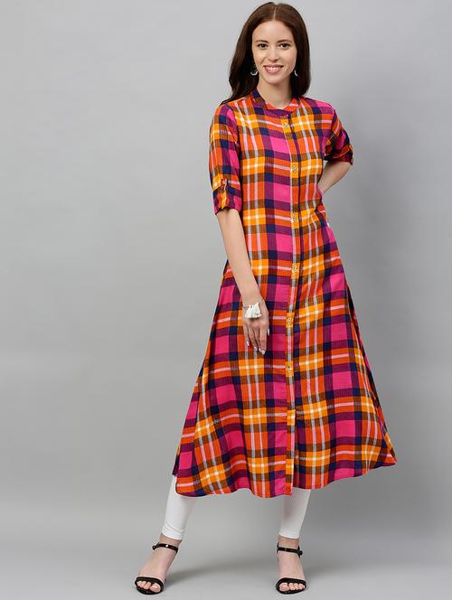checkered a-line ethnic dress - 16987236 - Very Small Image - 1