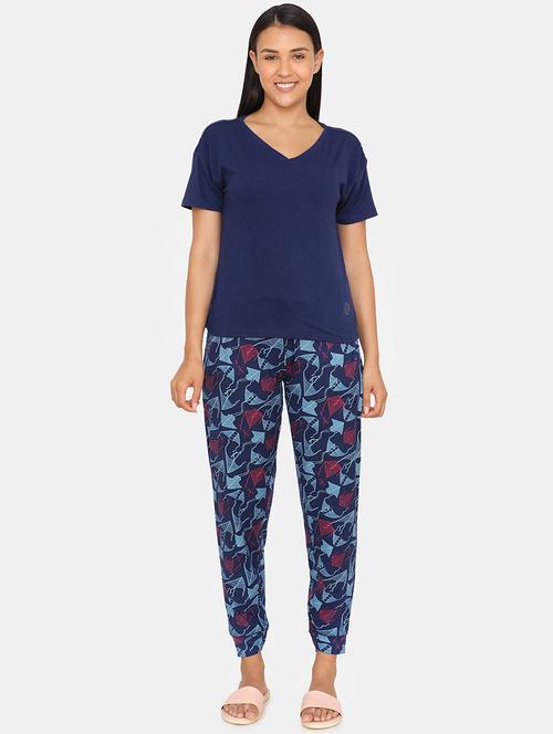 v neck tee with printed pajama set - 16987752 - Very Small Image - 1