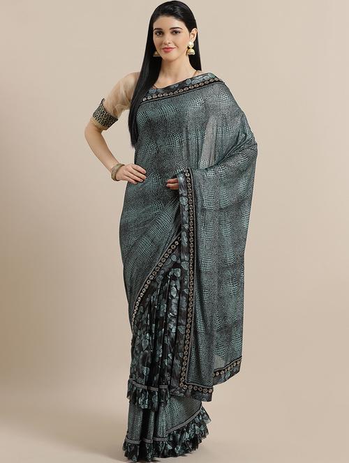women printed ruffle saree with blouse - 16988437 - Very Small Image - 1