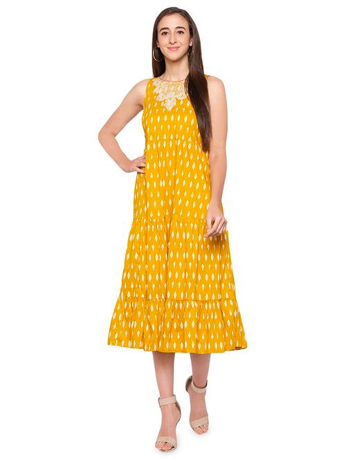 embroidered neck ikat a-line dress - 16989820 - Very Small Image - 1