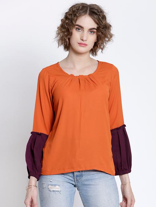 round neck color block sleeves top - 16992445 - Very Small Image - 1