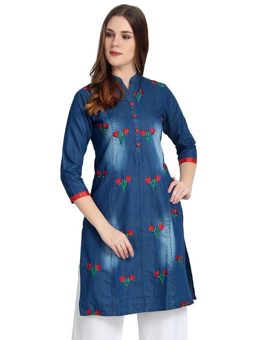embroidered denim straight kurta - 16995220 - Very Small Image - 1