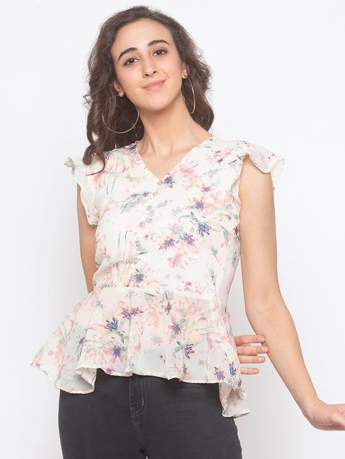 v-neck floral peplum top - 16996629 - Very Small Image - 1