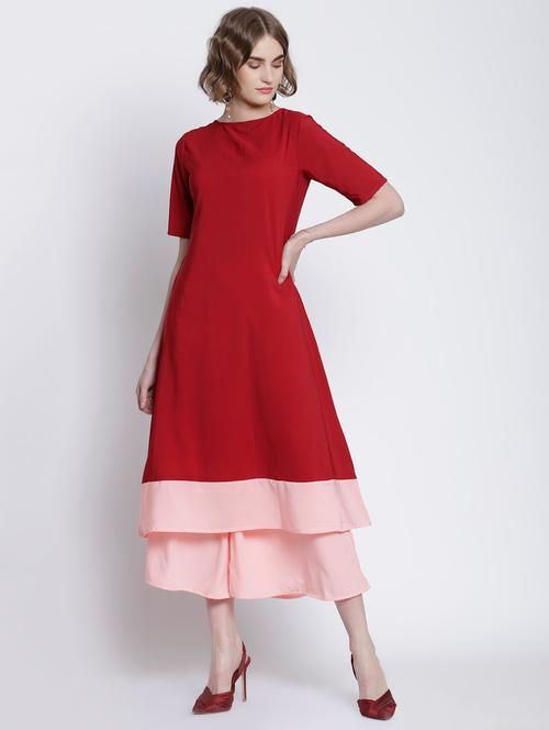 solid hem contrast a-line kurta - 16998806 - Very Small Image - 1