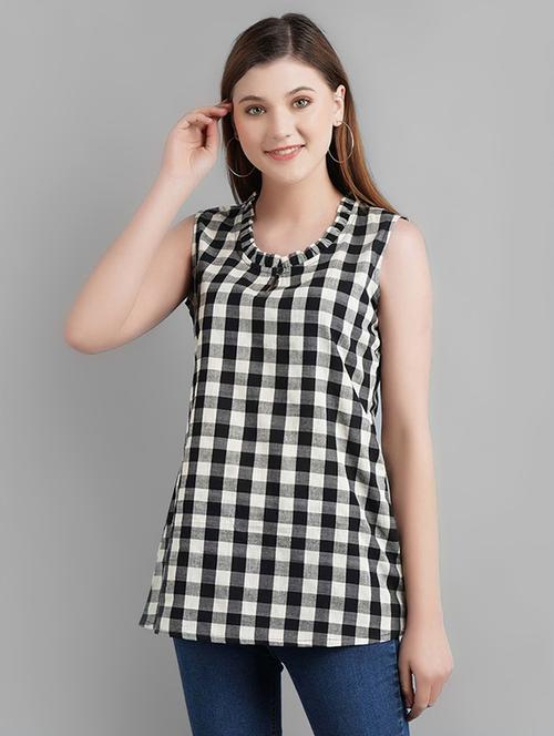 frilled neck checkered tunic - 16999014 - Very Small Image - 1