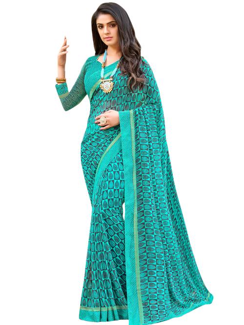 turquoise georgette printed saree with blouse - 17000111 - Very Small Image - 1