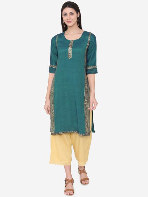 teal gold print straight kurta - 17000701 - Very Small Image - 1